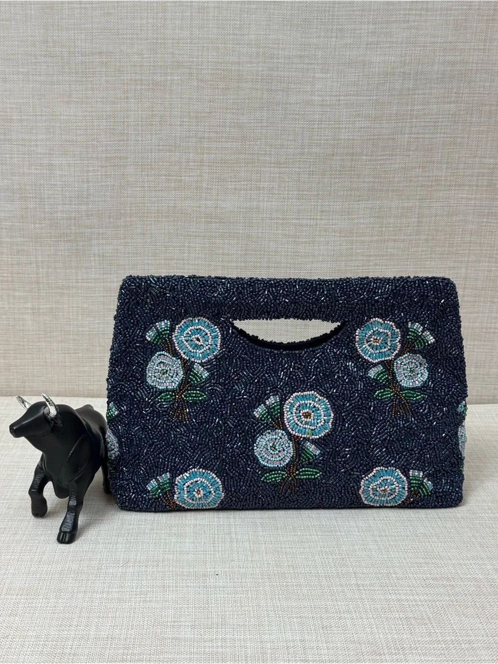 Embroidered Navy Beaded Floral Wristlet Clutch